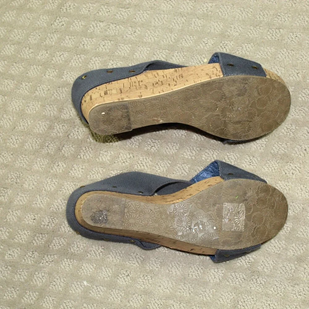 Esprit Wm Sz 10 Wide Blue X-Strap Elastic Studded Cork Wedge Platform Heels